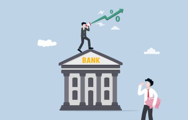 Enflasyonu yükselen faiz oranıyla kontrol etmek, ekonomi kavramını istikrara kavuşturmak için merkez bankasının para politikası, banka personelinin daha fazla para yatırmak için faiz oranının arttığını duyurması.