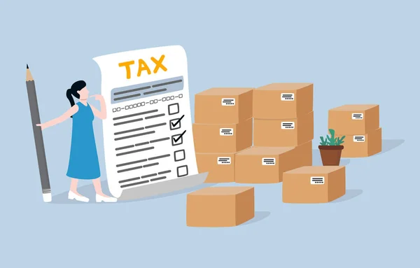 Eコマース販売税 税金申告コンセプトの前にオンライン製品を販売することからの純収入を計算 納税申告書を記入する配送ボックスの近くに立っている女性オンライン販売者 — ストックベクタ