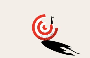 Hedefi tamamlamak için yapboz arayan işadamı, hedefine ulaşmak için iş hedefi arıyor, vektör çizimi.