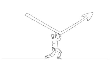 Düşen oku yükseltmeye iten işadamlarının sürekli çizimleri, ekonomik düzelme, borsa gerileme kavramı, tek satır sanat.