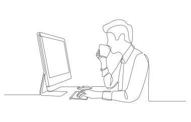Sürekli bir çizim, iş adamının kahve içtiği ve bilgisayar ekranından işe baktığı, ofis çalışma konsepti, tek satır sanat..