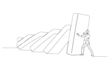 Sürekli olarak iş adamlarının domino etkisini, risk yönetimini, kriz konseptinin hasarını önlediği çizimler, tek satır sanat.