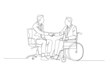 Tekerlekli sandalyedeki yeni engelli çalışanla el sıkışma, engelli insan konseptinin istihdamı, tek satır sanat.