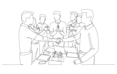 Continuous one line drawing of employees welcoming new colleague, warm and friendly workplace, building good relationship within business team concept, single line art. clipart