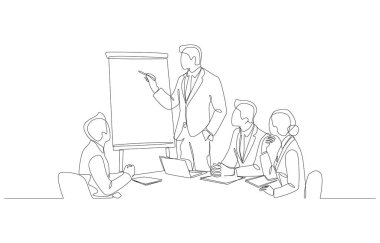 İşletme müdürünün takım üyeleri için pazarlama planı sunumu, iş toplantısı konsepti, tek satırlık sanat sunumu kesintisiz çizimi.