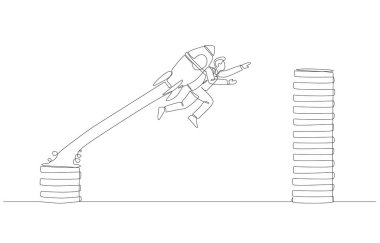 Roket iticili işadamlarının sürekli bir çizimi daha yüksek madeni para yığınına yükseliyor, maaş konseptini yükseltmek için beceri gelişimi, tek satır sanat.