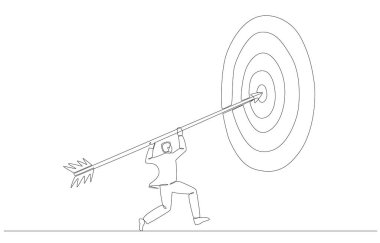 Sürekli bir çizgi çizen işadamı büyük hedefi ok ile vurmak için zıplıyor, iş hedefi başarı konsepti, tek satır sanat.
