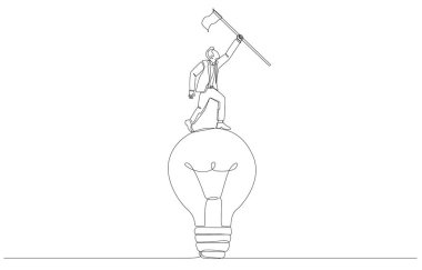 Devamlı çizilen büyük ampul yükselten işadamı çizimi, başarılı iş fikri konsepti, tek satır sanat.