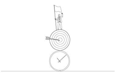 Hedefe ve saate bayrak çeken işadamlarının durmaksızın çizdiği bir çizgi, iş hedefi kavramına ulaşmak için zaman yönetimi, tek satır sanat..