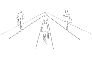 Sürekli bir çizgi halinde iş adamları farklı yollardan tek bir yola koşuyorlar, ortak iş ortakları, birlikte çalışma kavramı, tek çizgi sanat..