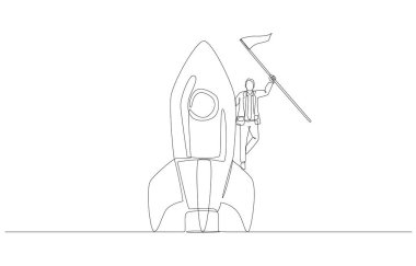 İşadamlarının roketin üzerine bayrak çektikleri sürekli bir çizgi, başarılı bir başlangıç, yeni iş konseptinden kar etmek, tek satır sanat.