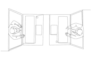 İki iş adamının sürekli çizimleri iş, video konferans konsepti, tek satır sanat hakkında konuşmak için dizüstü ekranlardan çıkıyor..