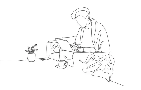 stock vector Continuous one line drawing of man working with laptop on sofa, workaholic, urgent work, working late concept, single line art.