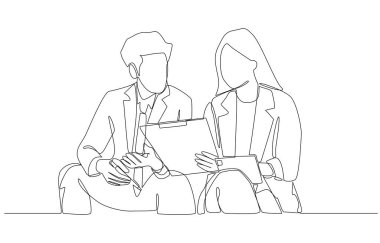 Kadın ofis çalışanlarının, erkek meslektaşlarıyla iş görüşmesi, iş konsepti tartışması, tek satırlık sanat tartışması için ellerinde belgelerle durmaksızın çizdiği bir çizgi..