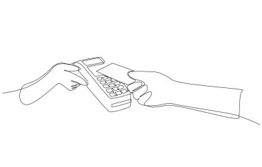 Sürekli bir hat çizimi, kredi kartı, nakit ödeme konsepti ve tek satırlı sanat eserleriyle temassız kredi kartı kullanımı..