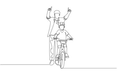 Neşeli bir babanın oğluna bisiklet sürmeyi öğrettiği bir çizgi, açık hava aile aktivitesi, baba oğul kavramı, tek çizgi sanat..