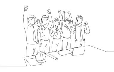 Sürekli mutlu mühendislerin proje tamamlanışını, mühendislik takımı konseptini, tek satır sanatı kutlayan çizimleri..