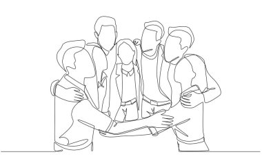 Birbirine mutlu bir şekilde sarılan bir grup genç çalışanın sürekli çizimi, takım çalışması ve işbirliği konsepti, tek satır sanat..