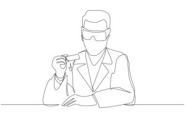 Cam mikroskop kaydırağına, laboratuar ve ince bölüm hazırlık konseptine, tek çizgi sanatına bakan bilim insanlarının durmaksızın çizimleri..