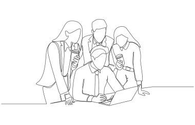 Dizüstü bilgisayarında çalışan genç bir erkek çalışanın sürekli bir çizimi onu çevreleyen meslektaşlarıyla yaptığı iş, iş konferansı, çalışma konseptini gözden geçirmek için yardım, tek satır sanat.