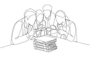 Continuous one line drawing of group of auditors holding magnifying glasses looking at company financial statement document pile, internal auditor team concept, single line art.