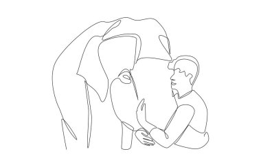 Devamlı bir fil çizimi. Genç adama sarılmak için hortum kullanıyor. Vahşi yaşam aşığı kavramı..