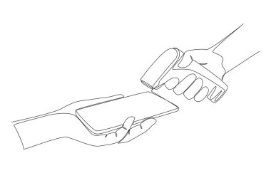 Bir satırda müşterinin akıllı telefonu elinde tutarak ödemesi için kasiyerden tarama, konsepti ödemek için QR kodunu tarama, tek satır sanat.