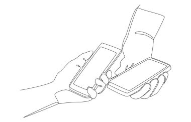 Sürekli müşterinin cep telefonu çizimi ödeme taraması, ödeme kodu taraması, ödeme konsepti, tek satırlık sanat..