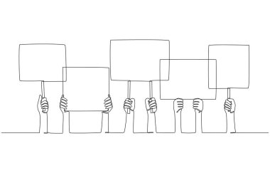 Continuous one line drawing of close up of hands holding signs, protest or demand for accountability concept, single line art. clipart