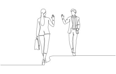 İş kadınının yanından geçen ve el sallayan işadamlarının sürekli çizimleri, şirketteki meslektaşlar arasında selamlaşma, iş yerindeki arkadaşlık, tek satır sanat.