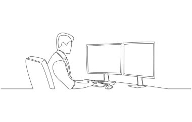 İki monitörle çalışan erkek ofis çalışanının sürekli çizimi, ofis işi konsepti, tek satır sanat.