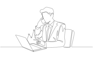 Dizüstü bilgisayardaki hisse senedi grafiklerine, yatırım danışmanlığına, borsa simsarı konseptine, tek satırlık sanat eserlerine bakarken akıllı telefondan konuşan işadamlarının kesintisiz çizimleri.