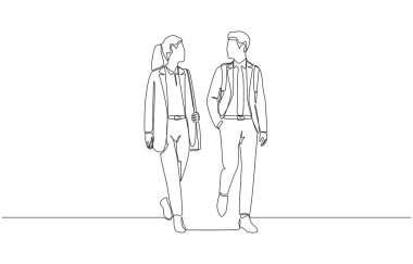 İşyerine birlikte yürüyen genç erkek ve kadın işçilerin kesintisiz çizimleri, çalışanların işe gidiş gelişleri, tek sıra sanat.