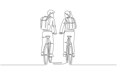 İşe bisikletle giden iki kadın ve erkek ofis arkadaşının sürekli çizimleri. Çevre dostu iş konseptine gidip gelmek. Tek sıra sanat.