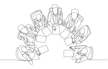 Ofis çalışanlarının yuvarlak masa etrafında sürekli çizimleri. Başparmaklarını kaldırmaları, takım çalışması konsepti, tek satır sanat.