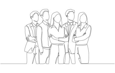 Güvenle ayakta duran bir grup iş adamının sürekli çizimi, takım çalışması konsepti, tek satır sanat.