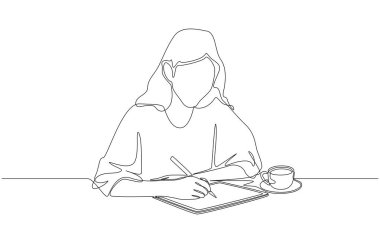 Kahve dükkanında dijital tabletle çalışan kadın dijital ressamın sürekli bir çizimi