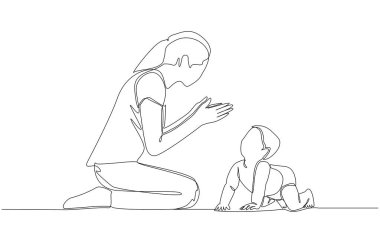 Mutlu anneye doğru sürünen bebek çizimleri, mutlu ebeveynlik kavramı, tek sıra sanat.