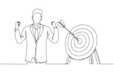 Aralıksız çizilen mutlu iş adamı yumruklarını okla sıkarak tam on ikiden vuruyor, iş hedefi başarı kavramı, tek satır sanat.