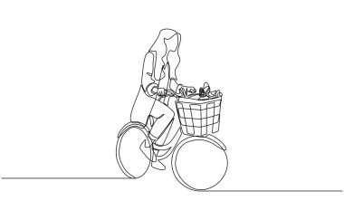Bisiklet süren genç bir kadının durmaksızın çizdiği çizimler. Alışveriş sepeti dolusu yiyecek, sürdürülebilirlik ve çevre dostu ulaşım konsepti. Tek sıra sanat.