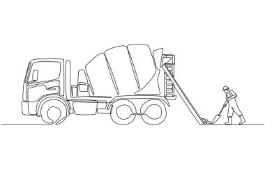 Beton döken çimento karıştırıcı kamyonunun sürekli çizimi inşaat konsepti için çimento işi, tek sıra sanat