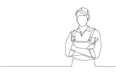 Araba tamircisinin aralıksız çizdiği kollar ve ingiliz anahtarı, araba servis merkezi konsepti, tek satır sanat