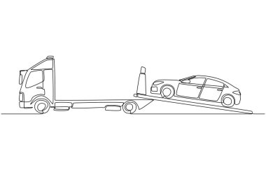 Sürekli bozuk bir arabanın sürgülü bir kamyona yüklendiği çizimler, araba nakliyesi servis konsepti, tek sıra sanat.