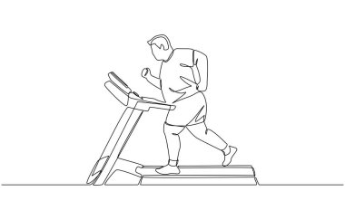 Kilo vermek için koşu bandında koşan tombul bir adamın sürekli çizimi, sağlık konsepti için egzersiz, tek sıra sanat.
