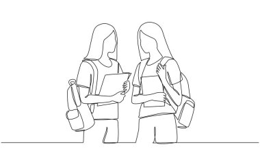 İki öğrencinin ayakta durup birbirleriyle konuştuğu, üniversite ya da üniversite düzeyinde öğrenim gördüğü, tek satırlık resim çizimleri.