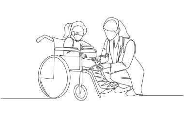 Tekerlekli sandalyede bacağı kırık bir kızın, pediatrik hasta konseptini, tek çizgili sanat eserini incelerken sürekli bir çizim.