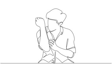 Sürekli bir çizim, adamın kolunda kaşıntı, deri alerjisi konsepti, tek sıra sanat.