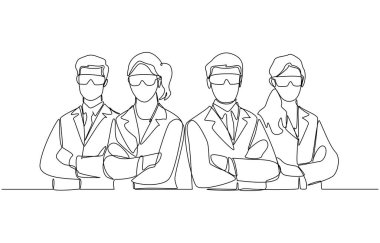 Uzman bilim adamlarının güven içinde durduğu bir çizgi sürekli devam ediyor. Bilim adamları laboratuar konsepti, tek satır sanat.