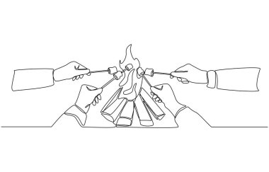 Arkadaşların el çizimleri sıcak kamp ateşinde marşmelov kızartıyorlar, grup kampı aktiviteleri, tek sıra sanat.