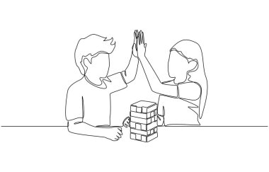 Yapboz bloklarını, takım çalışmasını ve oyun konseptini, tek satır sanatı tamamladıktan sonra kız ve erkeğin beşlik çakışının kesintisiz çizimi.